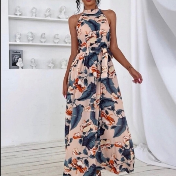 Dress. Peachy Cream/Multi Color Tropical Floral Print. Maxi Length. - Picture 2 of 4